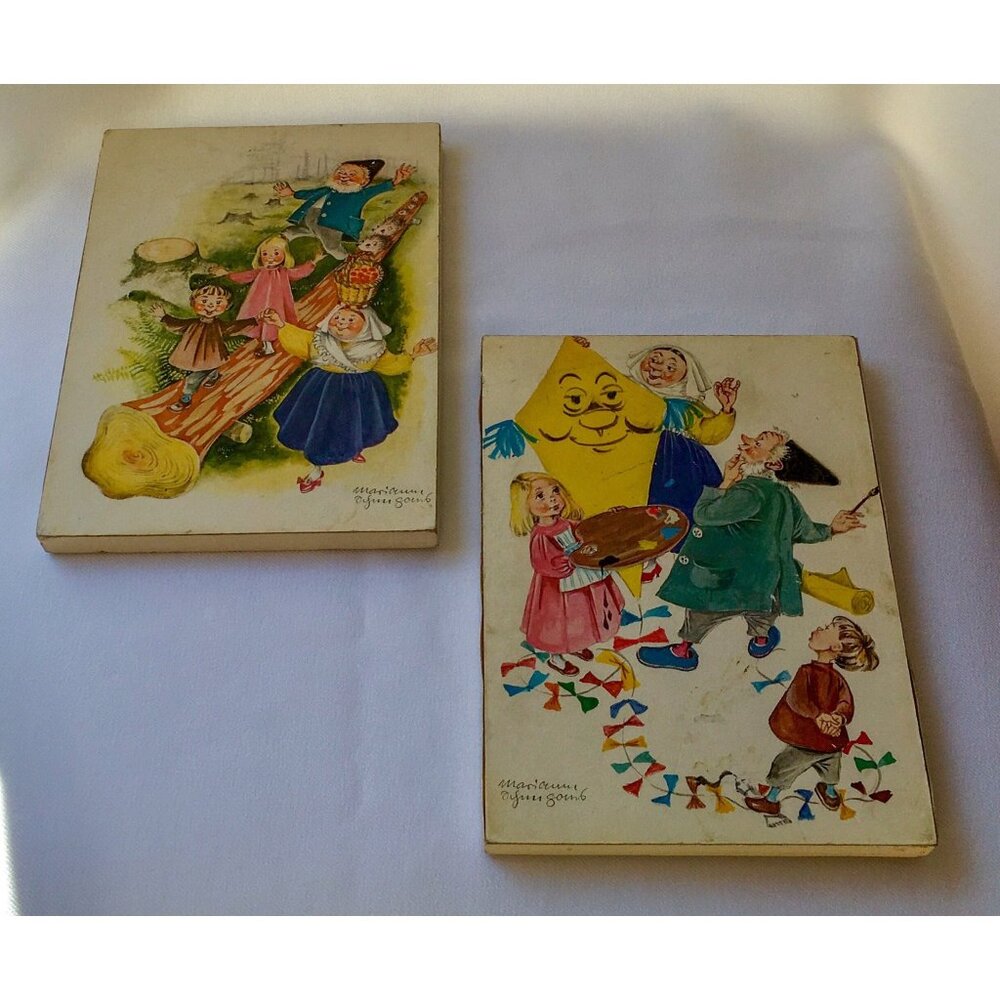 Vtg West Germany Nursery Wooden Wall Plaque Grandma Grandpa Boy Girl Painting